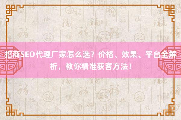 招商SEO代理厂家怎么选？价格、效果、平台全解析，教你精准获客方法！