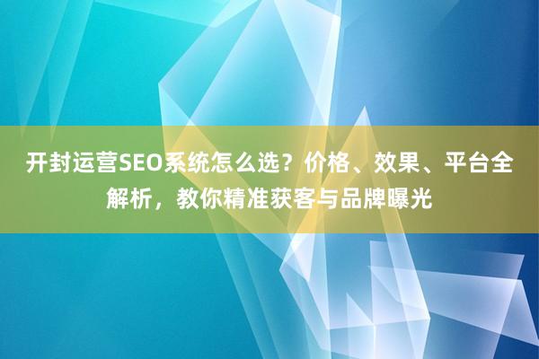 开封运营SEO系统怎么选？价格、效果、平台全解析，教你精准获客与品牌曝光